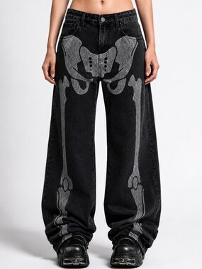 Dolls Kill Trickz N’ Treatz Skeleton Print Baggy Jeans Y2K Goth Denim Sz M